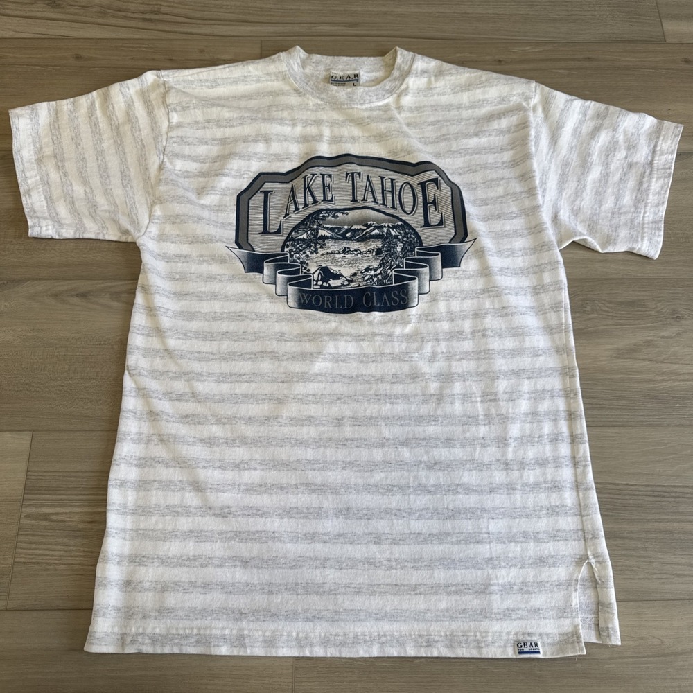 Vintage‎ Lake Tahoe Gear For Sports Striped Gray T-shirt Mountains Sz L Made USA